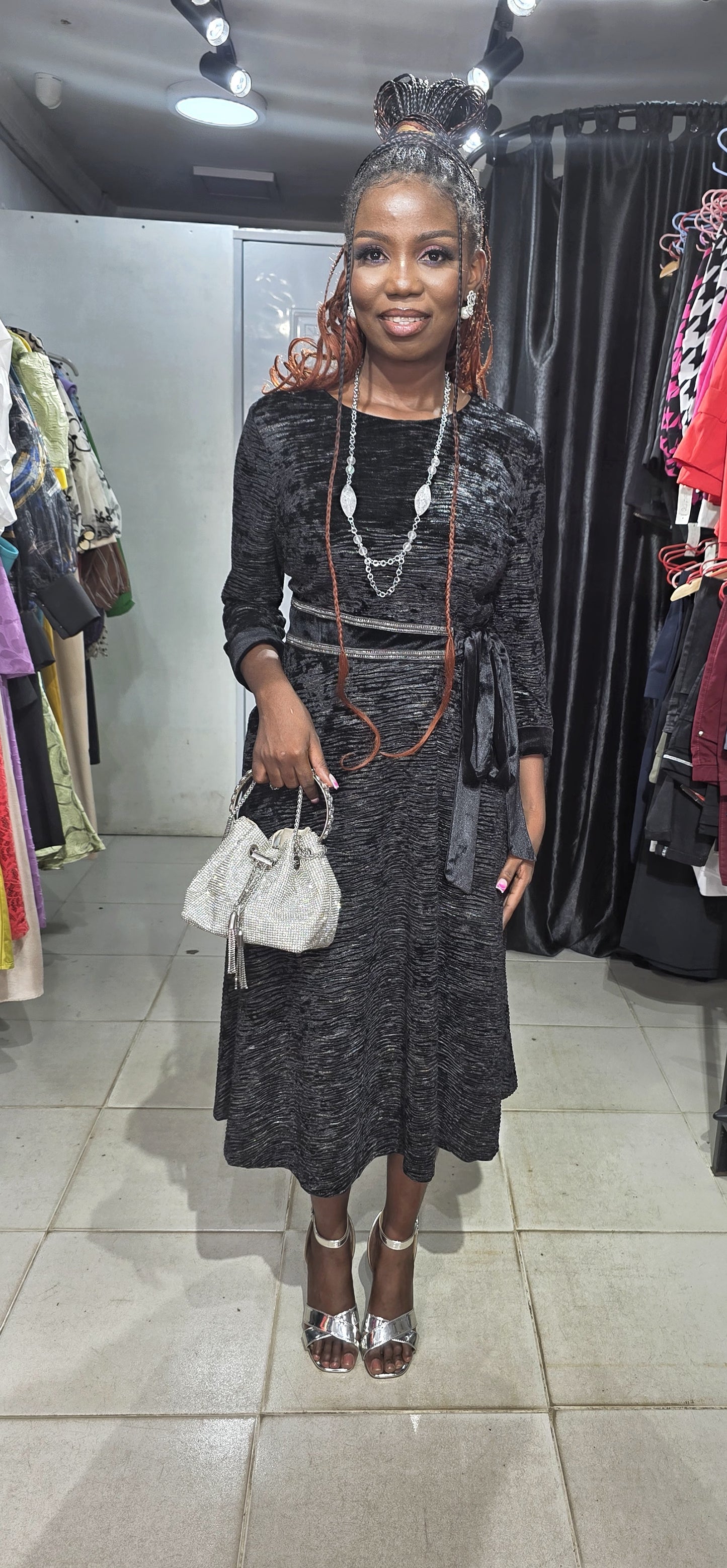 JEANNE D'ARC Black Dress with silver embellishment and belt