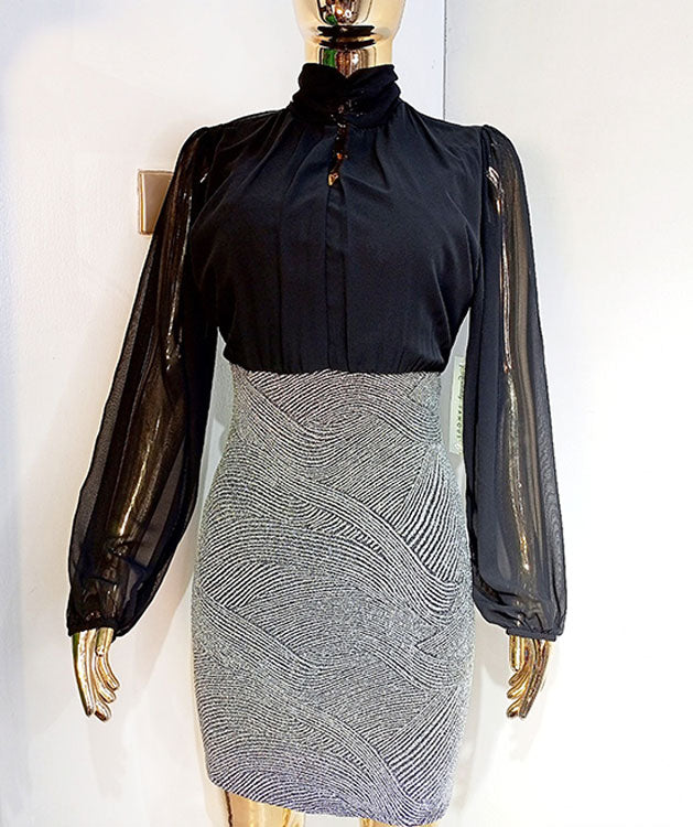 Absolutely Famous Black & Shimmery Chiffon Dress Long Sleeve
