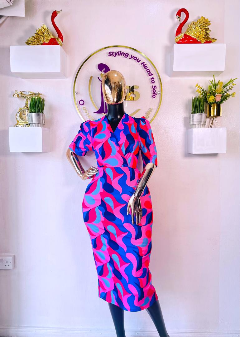 COPPERROSE DRESS BLUE MULTICOLORED OVERLAP DRESS