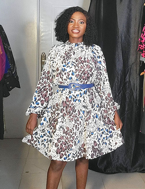 KAUSI PRINT HIGH NECK DRESS WITH BELT | BLUE BROWN AND CREAM