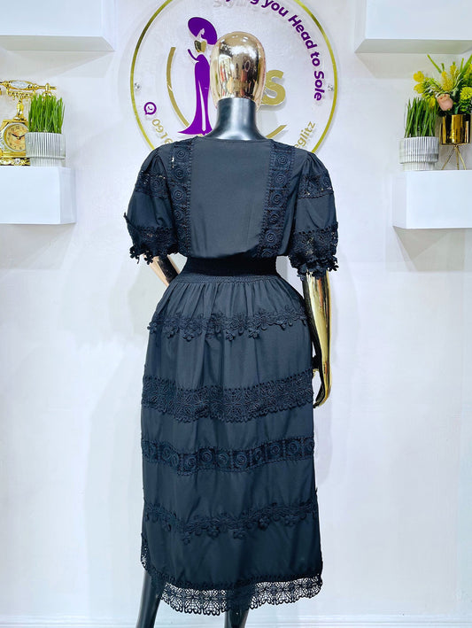 Flammodes Black Dress Lace Smokey Waist Black Dress