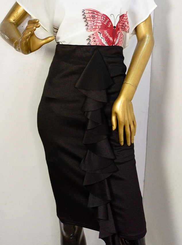 Glamour Style Black Lycra Skirt With Ruffle