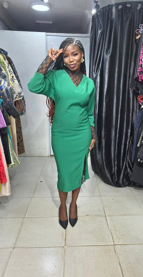 SAN VERA Green and Black Dress with Lace Neckline with front lacey Slit