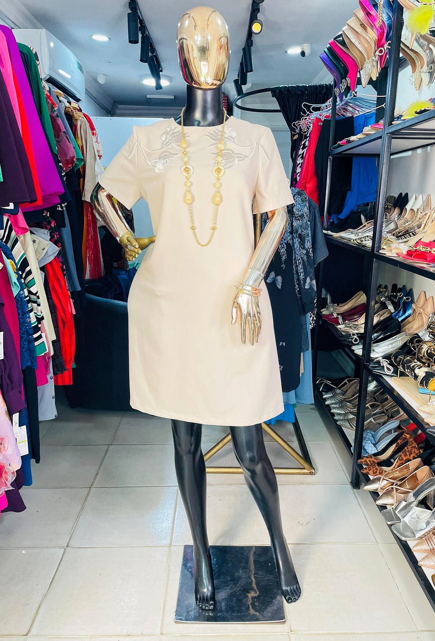 ROXELAN Nude Dress with flower embroidery