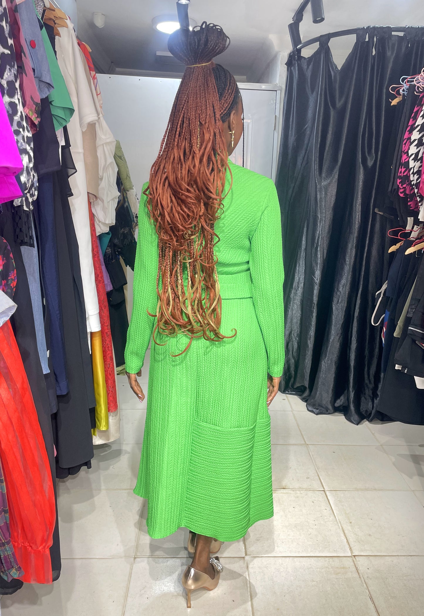 KAMEYA Green A-Line Dress with Pleat Detail