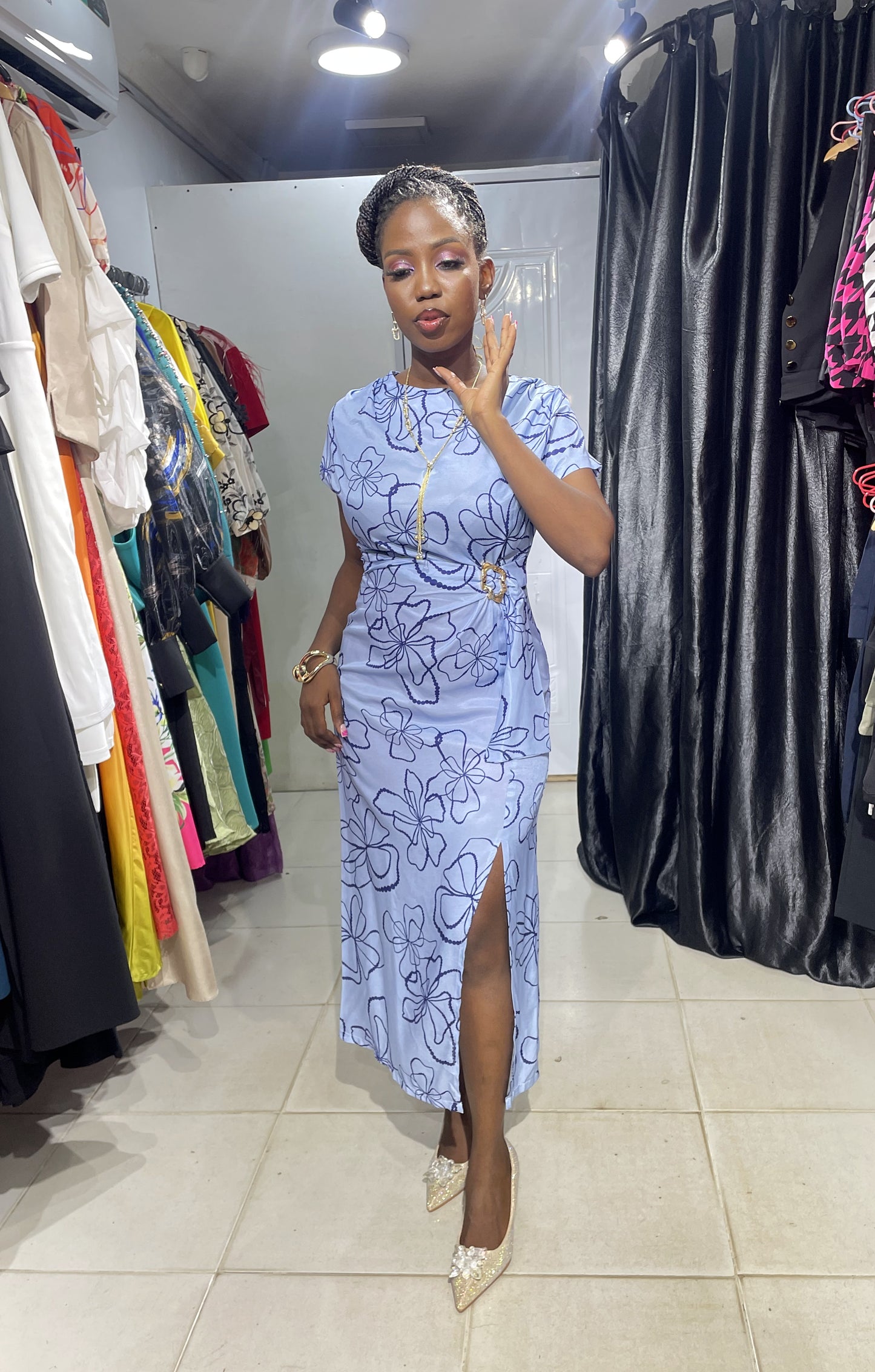 TREND UP Sky Blue and Navy Blue Design with Front Slit and Gold Design