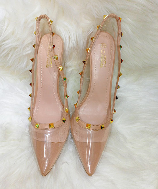 MATA TRANSPARENT COVER SHOE STILLETO WITH PYRAMID STONE HEELS