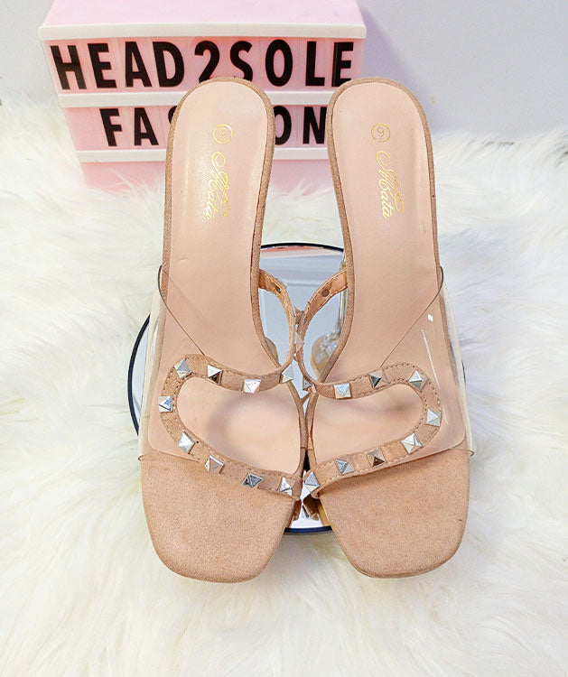 Mata Nude Heel Silver Stilleto Side Silver Pyramid Stone