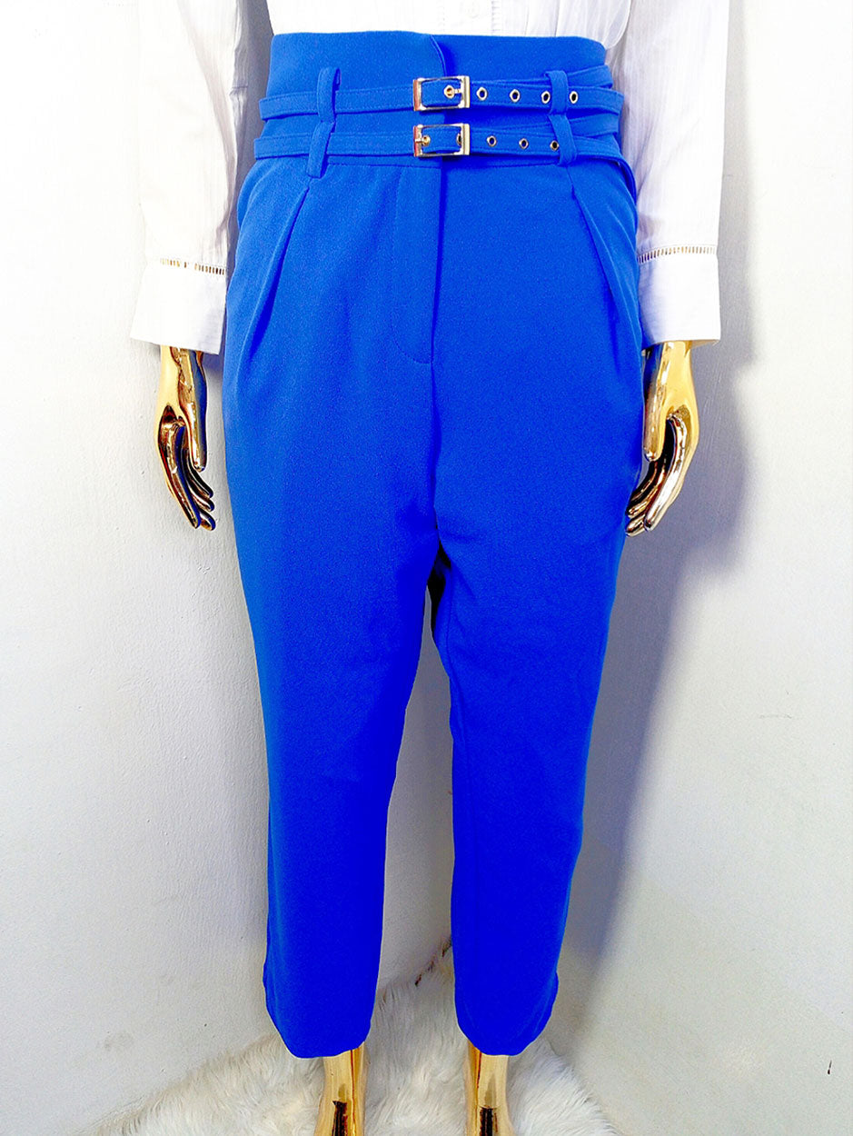 Ny&C Royal Blue Crepe Pant Double Belt