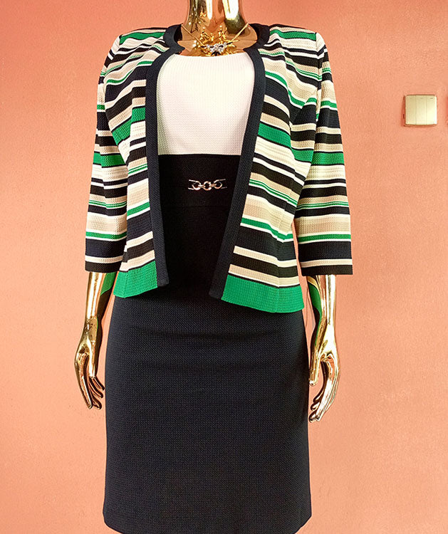 Studio One White, Blue, Green 2 Piece Dress 3/4 Sleeve