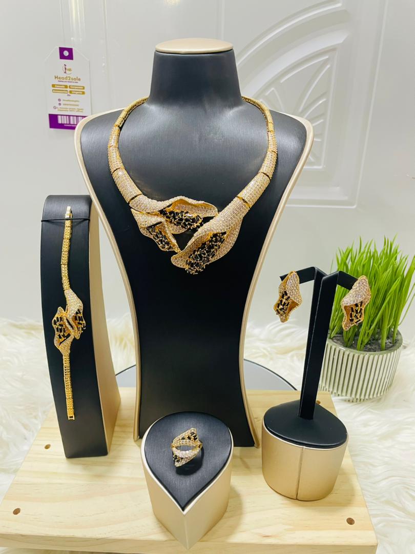Complete Jewelry set 4 piece Lily Black Cubic zirconia Gold tone jewelry