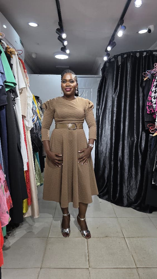 MOI ANGEL Dark Brown Flare Dress with Belt