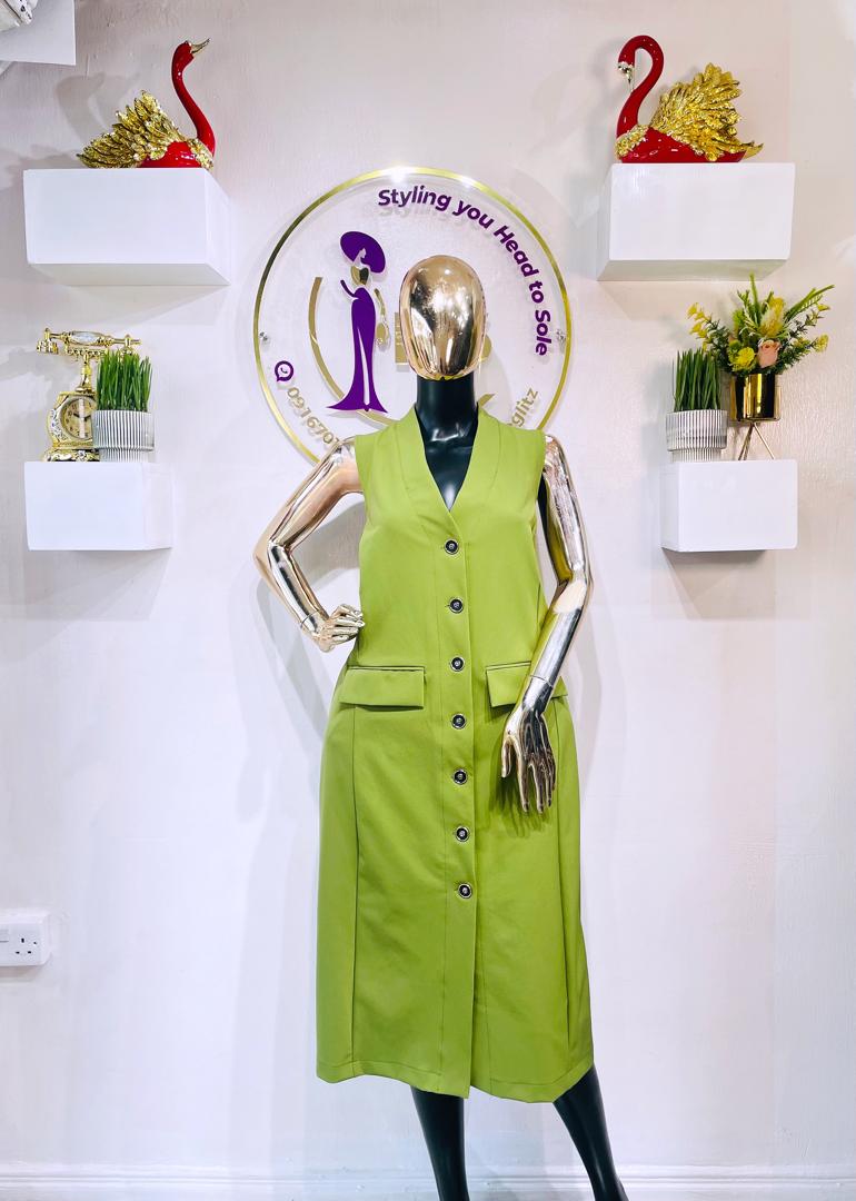 NY&C SLEEVELESS GOWN ARMY GREEN SLEEVELESS BOTTONED DRESS