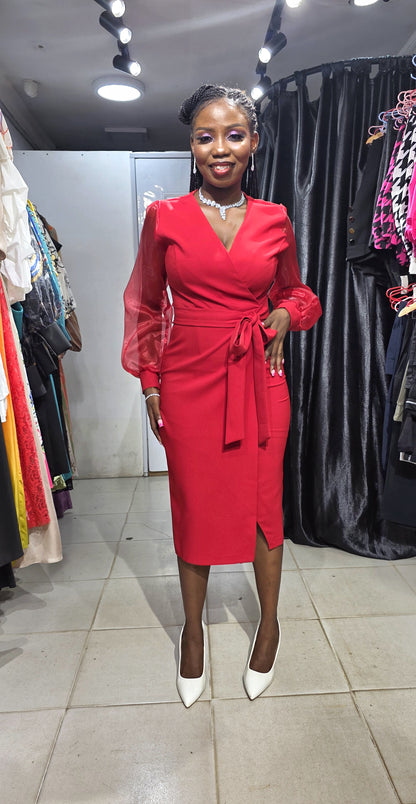 DISE COLLECTION Red overlap Dress with Long sleeve and Belt