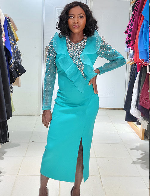 ONES LINE BEADED TEAL SCUBA DRESS WITH MESH SLEEVES