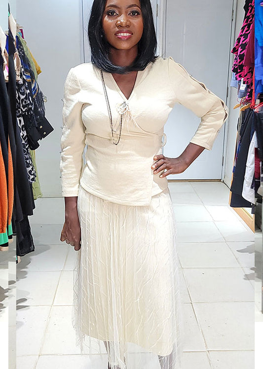 ERTU 2 PIECE CREAM KNIT WRAP BLOUSE + TULLE SKIRT