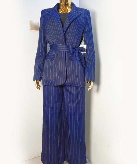CRESCENT STRIP NAVY BLUE 2 PIECE BELTED JACKET BLAZER & PANT