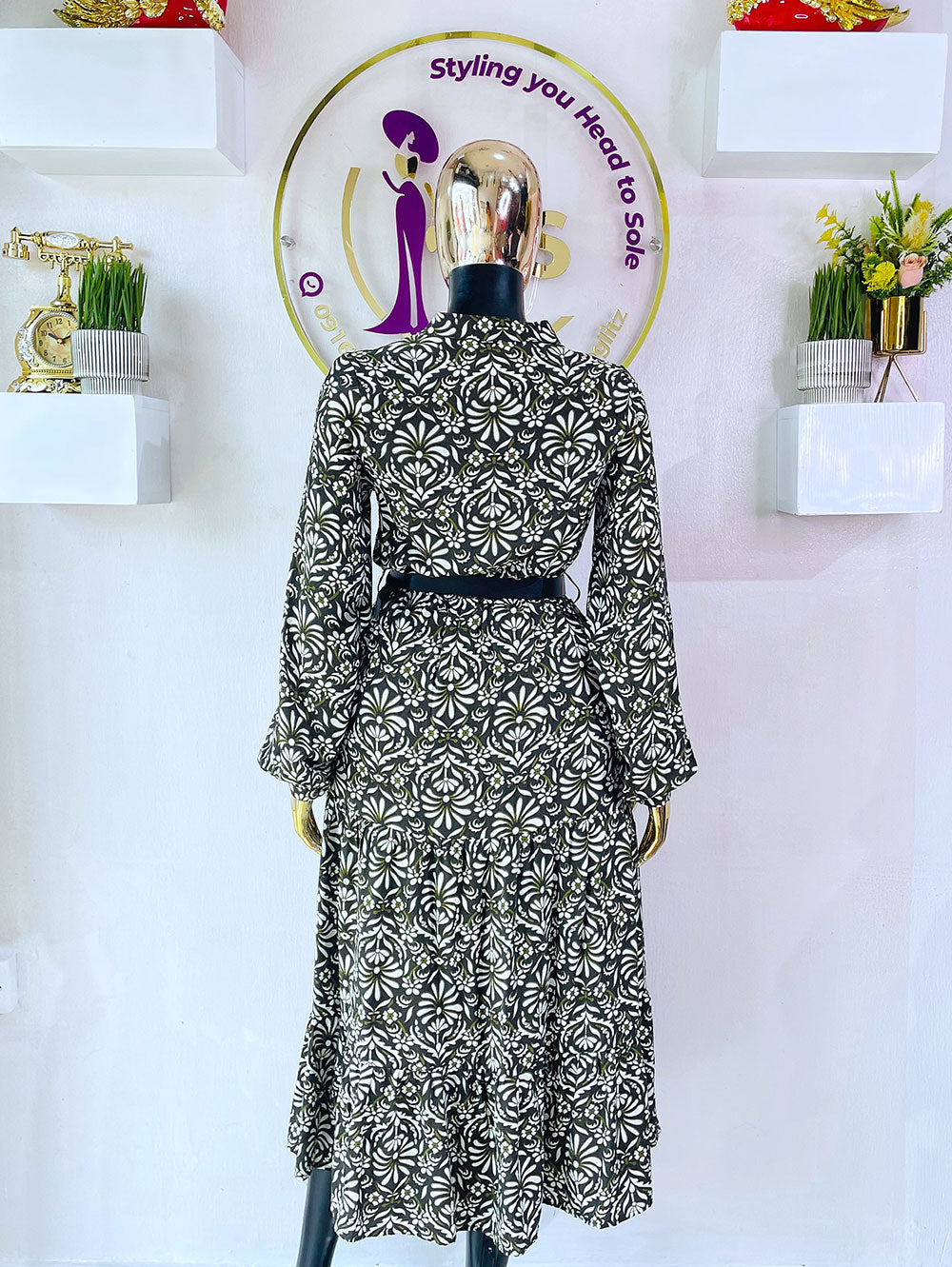 COPPERROSE Army Green Flowery Long Shirt Dress
