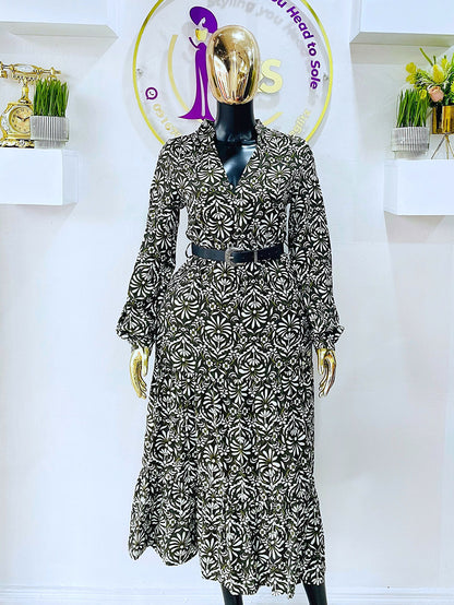 COPPERROSE Army Green Flowery Long Shirt Dress