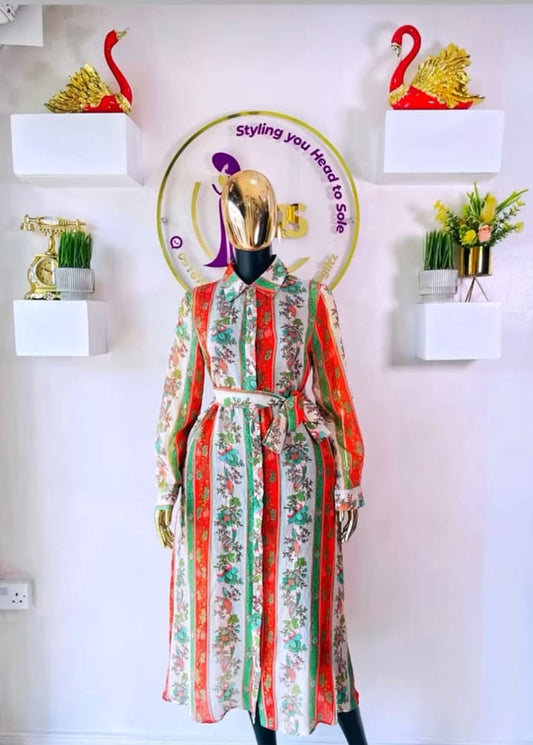 ELSA.M BY MAY ORANGE AND GREEN LONG SHIRT DRESS