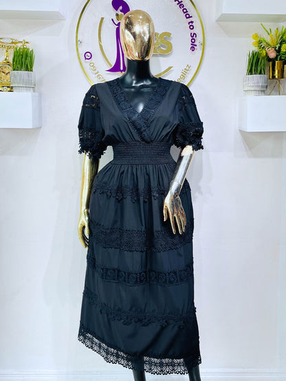 Flammodes Black Dress Lace Smokey Waist Black Dress