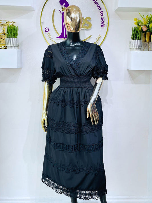 Flammodes Black Dress Lace Smokey Waist Black Dress