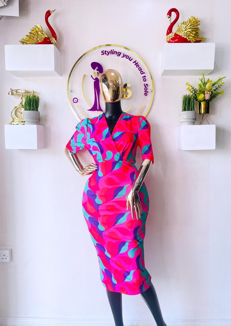 COPPERROSE DRESS	FUSCHIA MULTICOLORED OVERLAP DRESS