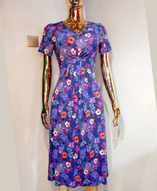 Honor Millburn Blue Flowery Long Dress Short Sleeve