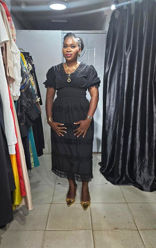 Flammodes Black Dress Lace Smokey Waist Black Dress