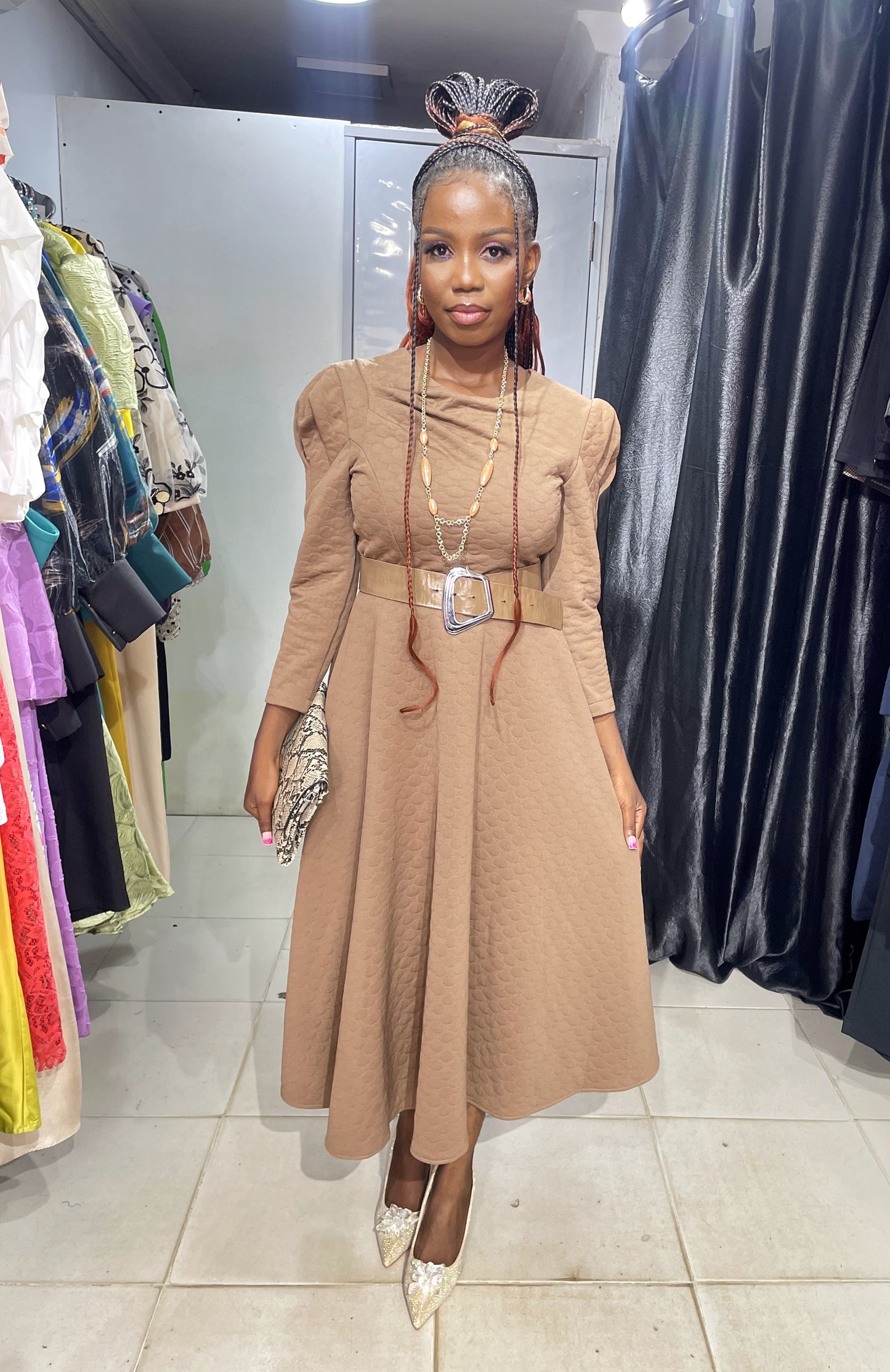 MOI ANGEL Dark Brown Flare Dress with Belt