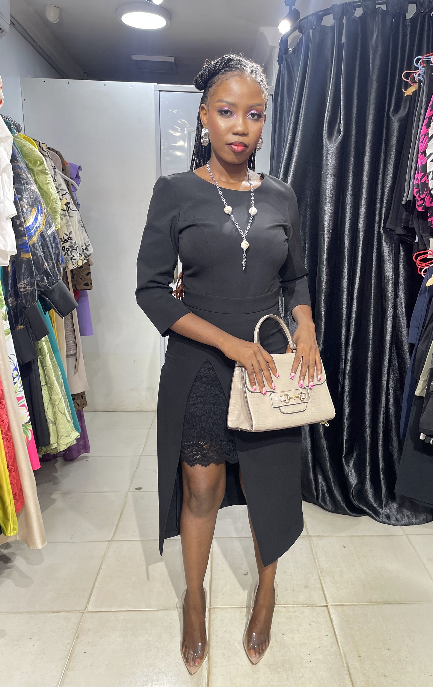 SADOSA Black Dress with Lacey slit and Belt