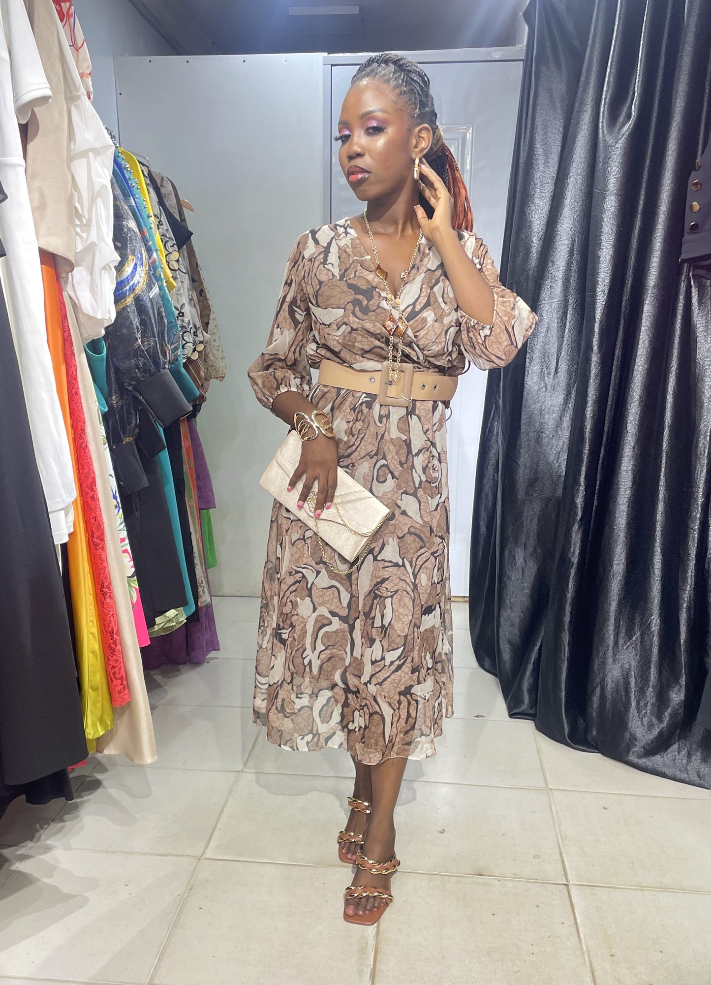 TREND UP Brown and Black Overlap Dress with Belt