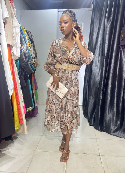 TREND UP Brown and Black Overlap Dress with Belt