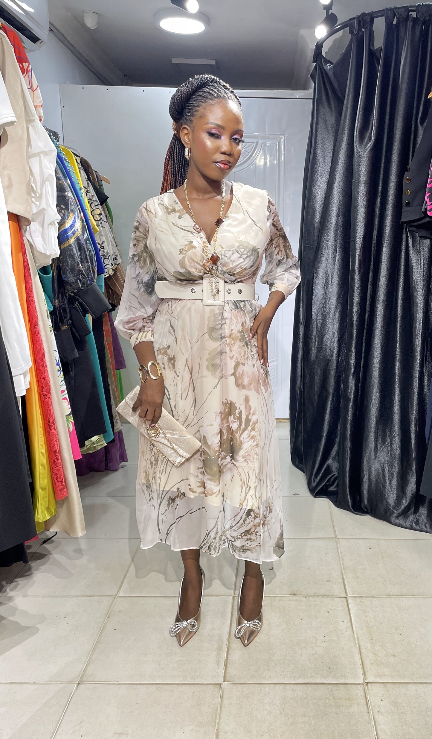 TREND UP Cream and Olive Green Overlap Dress with Belt