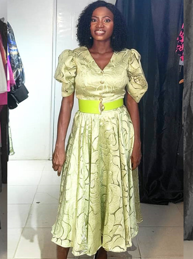 My Clarissa Taupe Green Jacquard Dress Lemon Dress