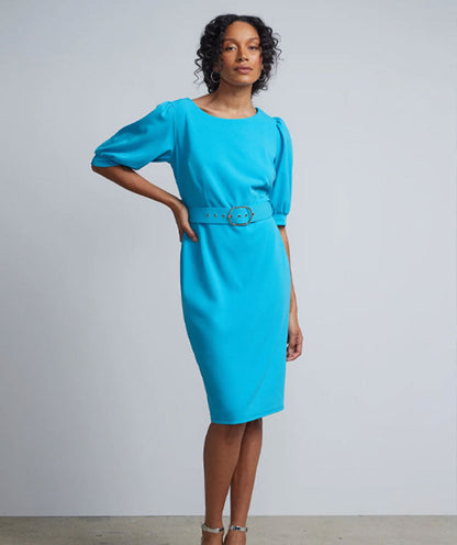 Ny&C Thick Crepe Dress With Belt In Blue
