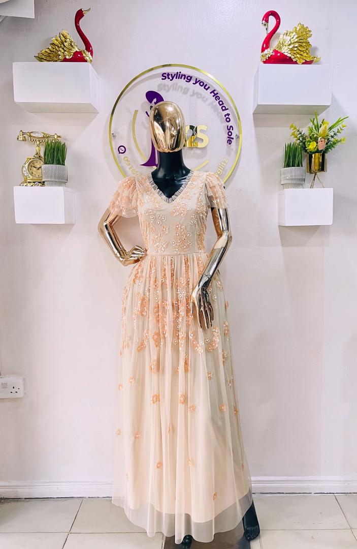 LITTLE MISTRESS DRESS NUDE SEQUINS V-NECK LONG DRESS