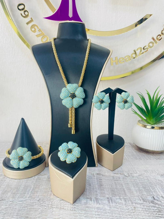 Jewelry set - Turquoise petal set (neck chain, earring, wrist chain & ring)