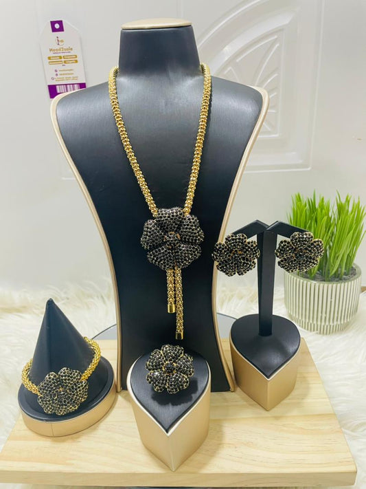 Jewelry set - Black petal set  (neck chain, earring, wrist chain & ring)