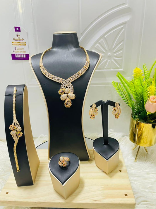 Complete Zirconia Jewelry set - 4 piece Gold tone multi-color Cubic