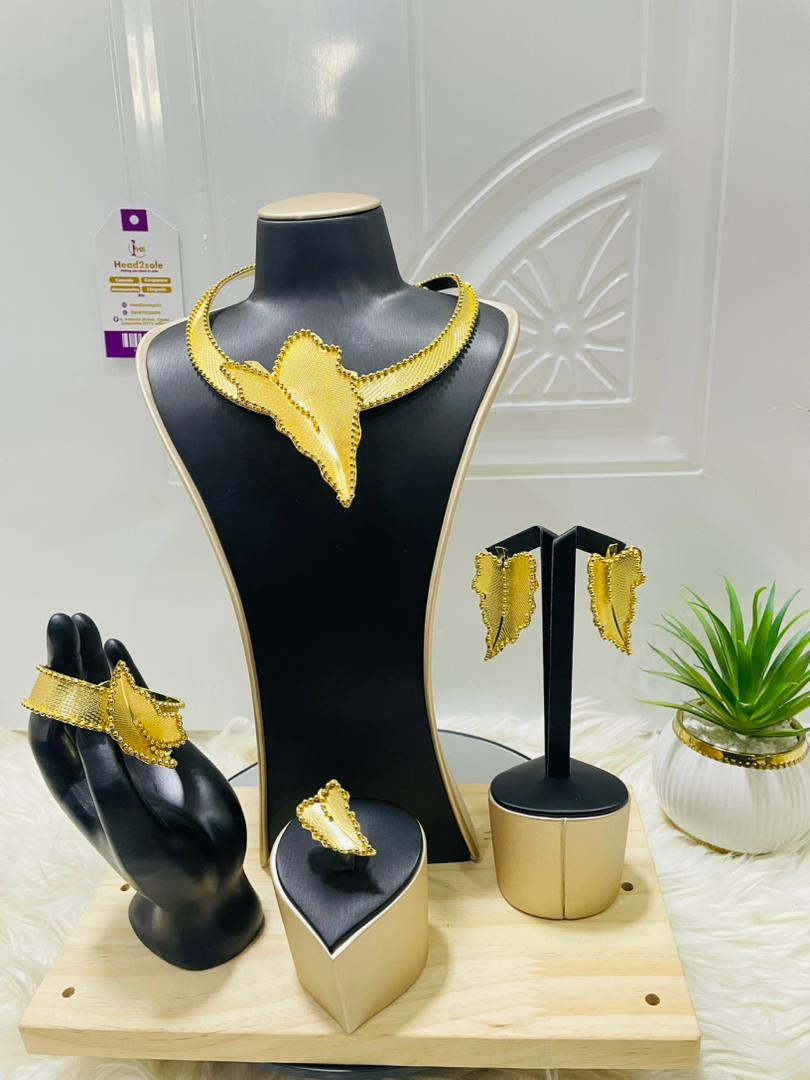 Complete Jewelry set - 4 piece Gold tone Leaf shaped textured finish