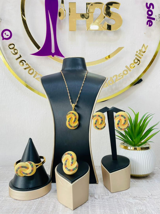 Mini jewelry set - 3 piece Gold zircon colourful stones (pendant, bracelet, earrings)