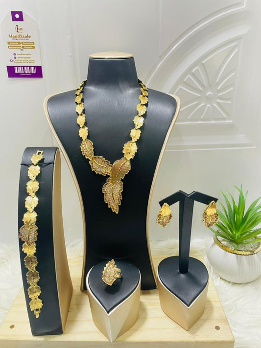 Complete Jewelry set - 4 piece Gold tone Leafy zircon