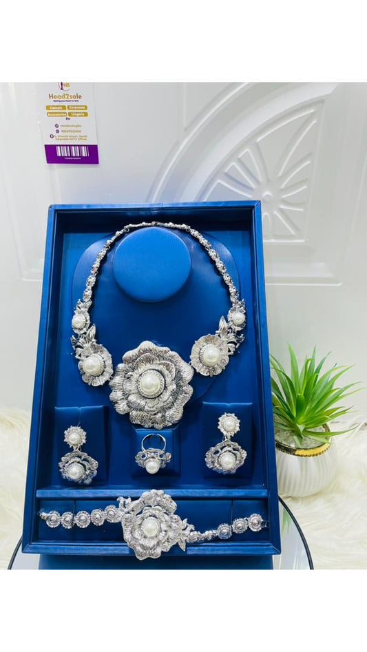 4 piece Anenome pearl iced jewelry set in silver