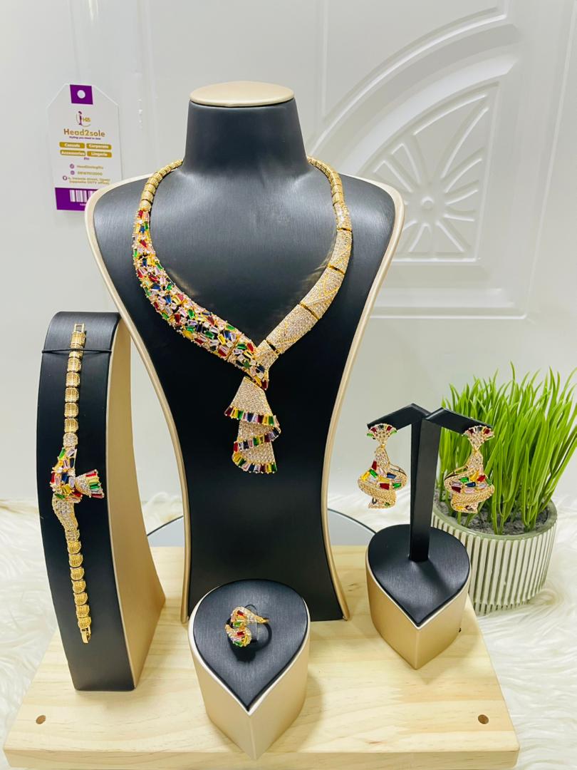 4 piece multicolour cubic zirconia pleated pendant gold filled jewelry set