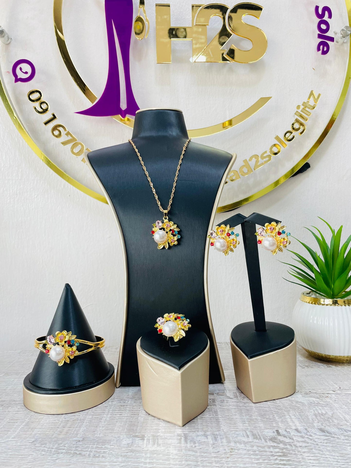 4 Piece pearl multicolor stone gold tone jewelry set