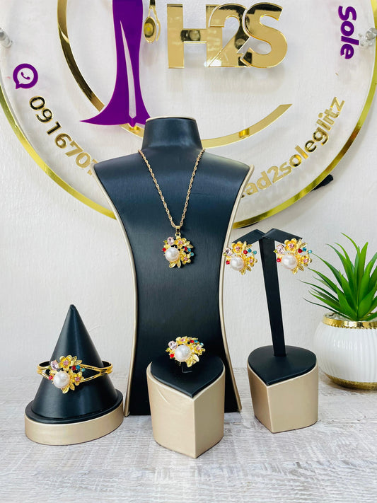 4 Piece pearl multicolor stone gold tone jewelry set