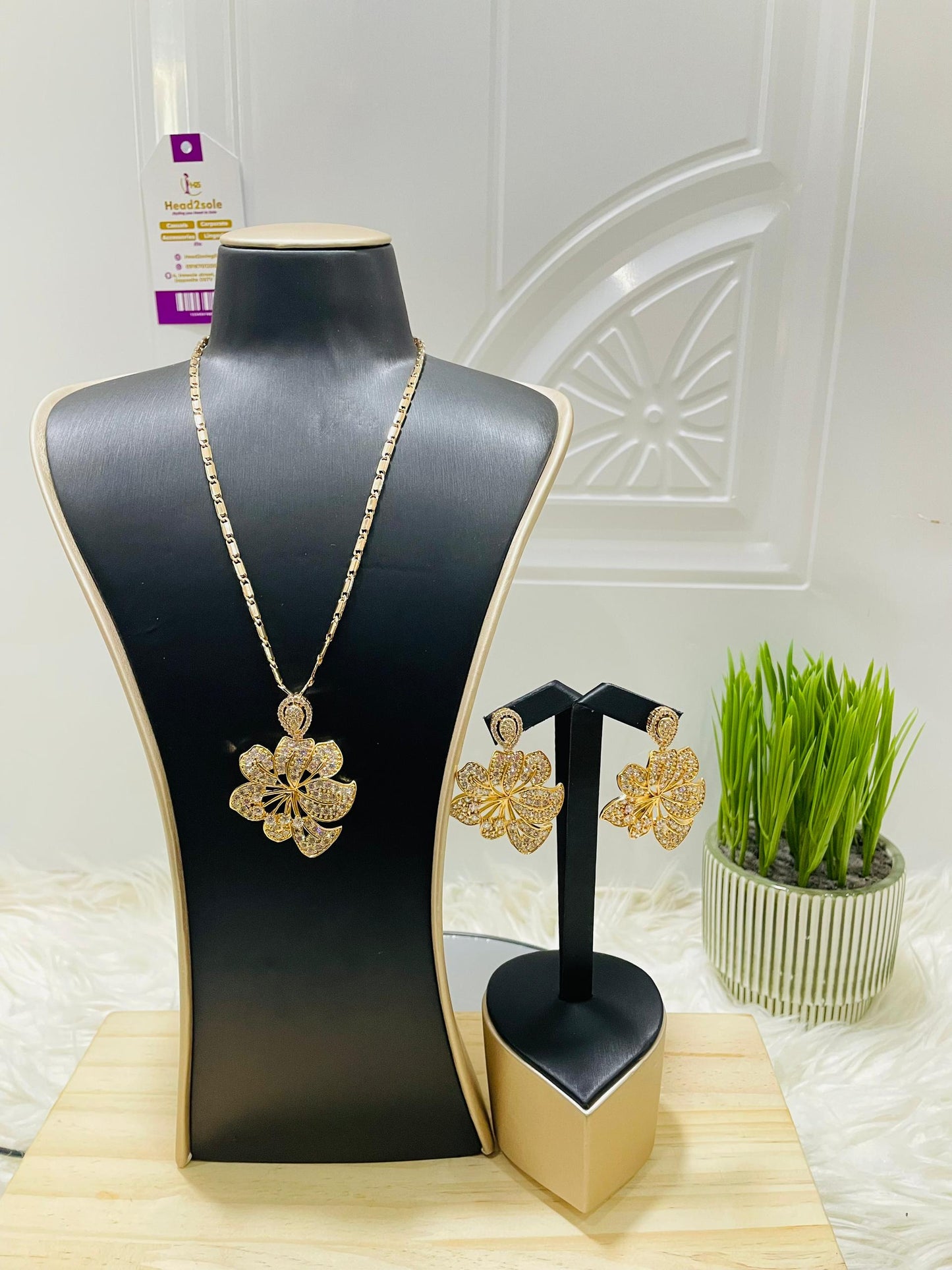 Mini jewelry set - 2 piece Plumeria gold tone cubic zirconia set