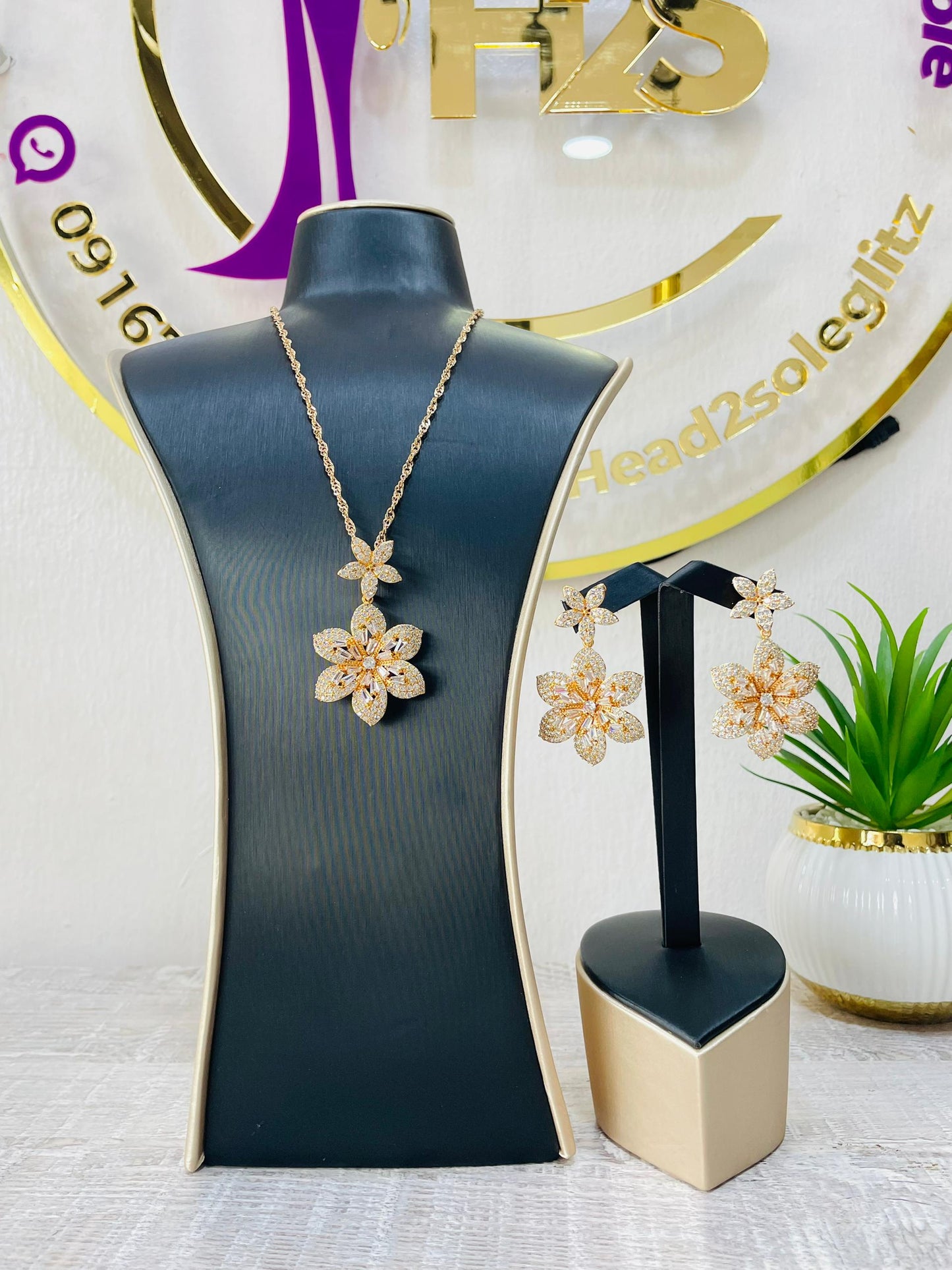 Mini jewelry set - 2 piece Hibiscus gold tone cubic zirconia set