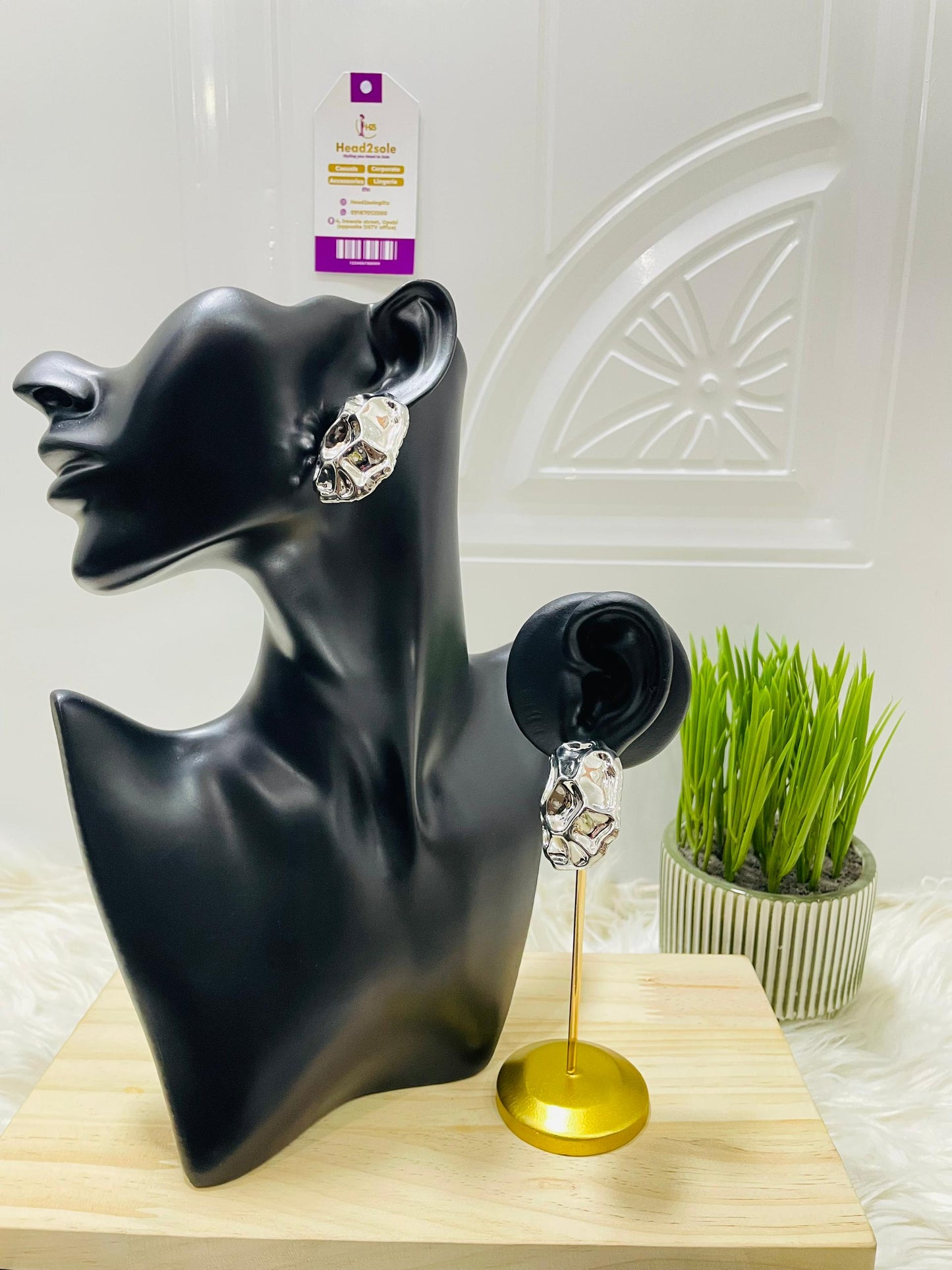 Foil textured rectangular silver stud earrings